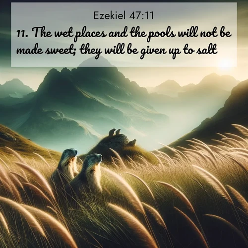 BasicEnglish Ezekiel  ; image nature: image with the bible verse :The wet places and the pools will not be made sweet; they will be given up to salt. ; Browse an inspiring gallery of Bible verse images with nature photos, such as blooming gardens, golden deserts, and shaded forests. The chosen images capture the peaceful and joyful essence of God&#039;s creation, with vibrant colors and harmonious fonts. Share verses like KJV Ezekiel 47:11. Current verse is overlayed with the thematic nature scene : Mountain meadow grasses bend in wind. Marmots whistle from rocky outcrops. ; 47:11