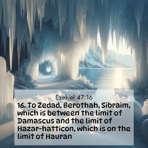 BasicEnglish Ezekiel  ; image nature: image with the bible verse :To Zedad, Berothah, Sibraim, which is between the limit of Damascus and the limit of Hazar-hatticon, which is on the limit of Hauran. ; Discover Bible images capturing the essence of autumn, with wooded paths, golden fields, and swirling leaves. These scenes reflect the changing beauty of God&#039;s creation. Download verses like KJV Ezekiel 47:16. Current verse is overlayed with the thematic nature scene : Winter ice forms crystal caves along lake cliffs. ; 47:16