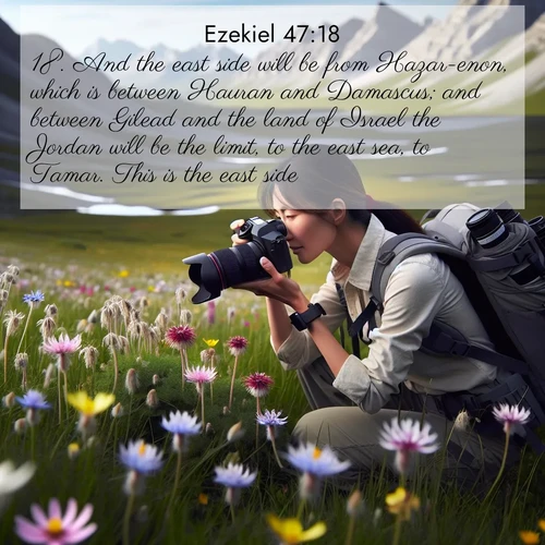 BasicEnglish Ezekiel  ; image nature: image with the bible verse :And the east side will be from Hazar-enon, which is between Hauran and Damascus; and between Gilead and the land of Israel the Jordan will be the limit, to the east sea, to Tamar. This is the east side. ; Discover Bible images illustrated by desert landscapes, like sand dunes, majestic rocks, and starry skies. These images symbolize the grandeur and immensity of God&#039;s creation. Download verses like KJV Ezekiel 47:18. Current verse is overlayed with the thematic nature scene : A naturalist photographs rare blooms. Alpine winds toss wildflower meadows. ; 47:18