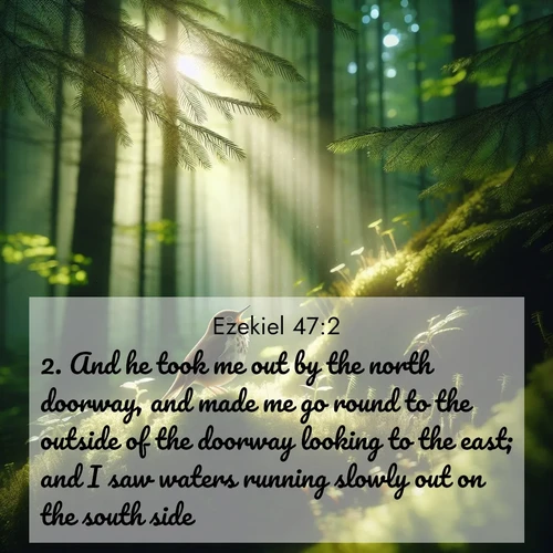 BasicEnglish Ezekiel  ; image nature: image with the bible verse :And he took me out by the north doorway, and made me go round to the outside of the doorway looking to the east; and I saw waters running slowly out on the south side. ; Browse our collection of vibrant Bible verse images set against calming backdrops like tropical shores, quiet woods, and majestic mountains. Download free wallpapers featuring KJV Ezekiel 47:2. Current verse is overlayed with the thematic nature scene : A hermit thrush sings from deep woods. Sunlight filters through green canopy. ; 47:2