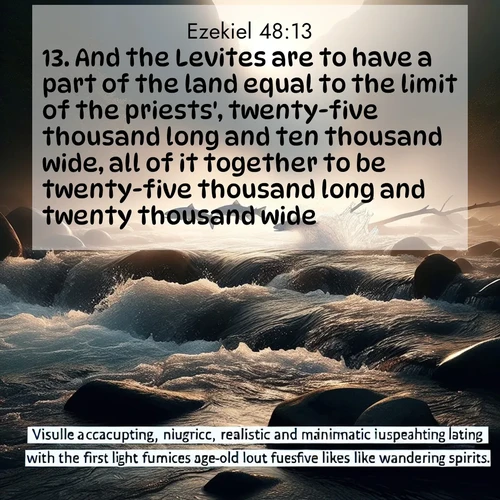 BasicEnglish Ezekiel  ; image nature: image with the bible verse :And the Levites are to have a part of the land equal to the limit of the priests&#039;, twenty-five thousand long and ten thousand wide, all of it together to be twenty-five thousand long and twenty thousand wide. ; Explore a gallery of beautiful Bible verse images with tranquil natural settings—perfect for phone backgrounds or inspirational posts. Download your favorite verses like KJV Ezekiel 48:13 today. Current verse is overlayed with the thematic nature scene : Wild salmon leap ancient rapids. Mist rises like spirits at dawn. ; 48:13