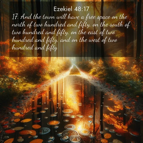 BasicEnglish Ezekiel  ; image nature: image with the bible verse :And the town will have a free space on the north of two hundred and fifty, on the south of two hundred and fifty, on the east of two hundred and fifty, and on the west of two hundred and fifty. ; Explore a unique collection of Bible verses illustrated by winter landscapes, such as snowy mountains, frosty forests, and starry skies. These images capture the peace and beauty of winter. Share verses like KJV Ezekiel 48:17. Current verse is overlayed with the thematic nature scene : Autumn colors reflect in rain puddles on a forest path. ; 48:17