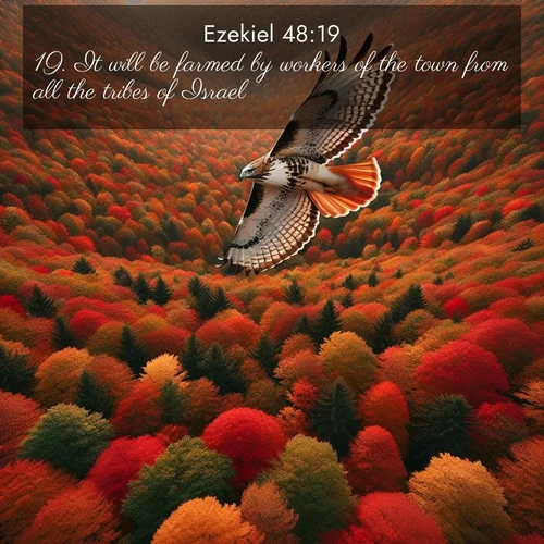 BasicEnglish Ezekiel  ; image nature: image with the bible verse :It will be farmed by workers of the town from all the tribes of Israel. ; Explore Bible verses paired with beach photos, where waves gently crash on the sand and the sky glows with pastel hues at sunset. These scenes convey deep serenity. Download verses like KJV Ezekiel 48:19. Current verse is overlayed with the thematic nature scene : A red-tailed hawk circles above autumn woods. Leaves below form a mosaic of fire. ; 48:19