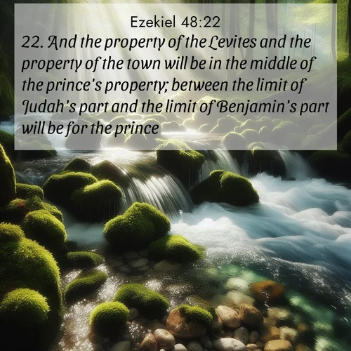 BasicEnglish Ezekiel  ; image nature: image with the bible verse :And the property of the Levites and the property of the town will be in the middle of the prince&#039;s property; between the limit of Judah&#039;s part and the limit of Benjamin&#039;s part will be for the prince. ; Download Bible verse images paired with breathtaking nature photos like golden deserts, shimmering seas, and blossoming orchards. These high-quality, free images are perfect for wallpapers or sharing. Verses include KJV Ezekiel 48:22. Current verse is overlayed with the thematic nature scene : A mountain stream tumbles through moss-covered stones. Sunlight dapples the crystal-clear water. ; 48:22