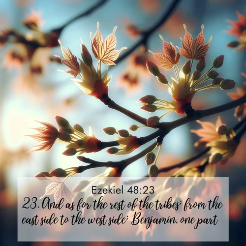 BasicEnglish Ezekiel  ; image nature: image with the bible verse :And as for the rest of the tribes: from the east side to the west side: Benjamin, one part. ; Download Bible verse images paired with breathtaking nature photos like golden deserts, shimmering seas, and blossoming orchards. These high-quality, free images are perfect for wallpapers or sharing. Verses include KJV Ezekiel 48:23. Current verse is overlayed with the thematic nature scene : Spring buds burst open on maple branches against a blue sky. ; 48:23