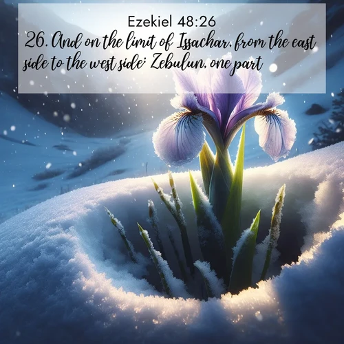 BasicEnglish Ezekiel  ; image nature: image with the bible verse :And on the limit of Issachar, from the east side to the west side: Zebulun, one part. ; Explore Bible verses paired with beach photos, where waves gently crash on the sand and the sky glows with pastel hues at sunset. These scenes convey deep serenity. Download verses like KJV Ezekiel 48:26. Current verse is overlayed with the thematic nature scene : Wild iris breaks through spring snow. Alpine light ignites petals. ; 48:26