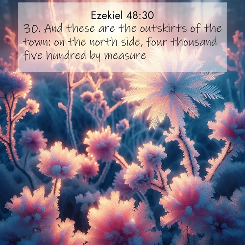 BasicEnglish Ezekiel  ; image nature: image with the bible verse :And these are the outskirts of the town: on the north side, four thousand five hundred by measure; ; Explore Bible verse images highlighting the beauty of spring, with vibrant flowers, butterflies, and blossoming fruit trees. These scenes evoke divine hope and renewal. Download inspiring verses like KJV Ezekiel 48:30. Current verse is overlayed with the thematic nature scene : Morning light reveals frost flowers. Rainbow crystals bloom on bare branches. ; 48:30