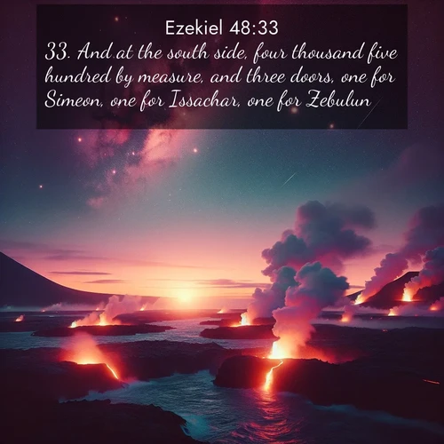 BasicEnglish Ezekiel  ; image nature: image with the bible verse :And at the south side, four thousand five hundred by measure, and three doors, one for Simeon, one for Issachar, one for Zebulun; ; Explore our gallery of inspiring Bible verse images showcasing divine beauty through nature. Download scenic images like snowy peaks, lush meadows, or radiant sunsets paired with verses like KJV Ezekiel 48:33. Current verse is overlayed with the thematic nature scene : Lava flows meet the ocean at twilight, sending plumes of steam skyward. Stars emerge one by one above the cosmic display. ; 48:33