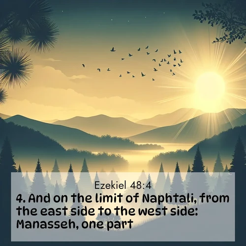 BasicEnglish Ezekiel  ; image nature: image with the bible verse :And on the limit of Naphtali, from the east side to the west side: Manasseh, one part. ; Dive into our collection of Bible verses paired with coastal scenes, featuring calming waves, infinite beaches, and reflections of the sun on the water. These images evoke the peace and beauty of God. Share verses like KJV Ezekiel 48:4. Current verse is overlayed with the thematic nature scene : Morning mist reveals hidden valleys. Birdsong heralds the dawn. ; 48:4