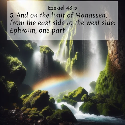 BasicEnglish Ezekiel  ; image nature: image with the bible verse :And on the limit of Manasseh, from the east side to the west side: Ephraim, one part. ; Discover Bible images capturing the essence of autumn, with wooded paths, golden fields, and swirling leaves. These scenes reflect the changing beauty of God&#039;s creation. Download verses like KJV Ezekiel 48:5. Current verse is overlayed with the thematic nature scene : A waterfall thunders through ancient moss-covered rocks while rainbow mist rises where water meets stone. ; 48:5