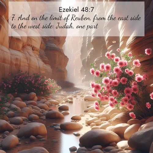 BasicEnglish Ezekiel  ; image nature: image with the bible verse :And on the limit of Reuben, from the east side to the west side: Judah, one part. ; Explore our gallery of inspiring Bible verse images showcasing divine beauty through nature. Download scenic images like snowy peaks, lush meadows, or radiant sunsets paired with verses like KJV Ezekiel 48:7. Current verse is overlayed with the thematic nature scene : Desert roses bloom in a hidden canyon after rare rainfall. Their pink petals contrast against weathered sandstone walls. ; 48:7