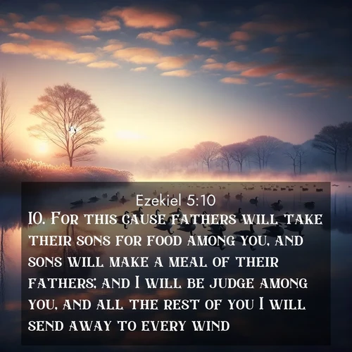 BBE Ezekiel 5:10 overlaying nature image scene: Wild geese rest on still waters. Dawn mist rises like dreams.;10. For this cause fathers will take their sons for food among you, and sons will make a meal of their fathers; and I will be judge among you, and all the rest of you I will send away to every wind.