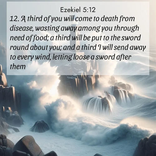 BBE Ezekiel 5:12 overlaying nature image scene: Winter storms send massive waves crashing against lighthouse rocks.;12. A third of you will come to death from disease, wasting away among you through need of food; a third will be put to the sword round about you; and a third I will send away to every wind, letting loose a sword after them.