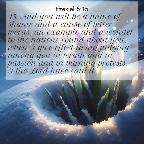 BBE Ezekiel 5:15 overlaying nature image scene: Wild iris breaks through spring snow. Alpine light ignites petals.;15. And you will be a name of shame and a cause of bitter words, an example and a wonder to the nations round about you, when I give effect to my judging among you in wrath and in passion and in burning protests: I the Lord have said it:
