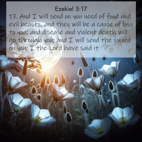 BBE Ezekiel 5:17 overlaying nature image scene: Moonflowers open to the rising full moon. Night insects hum in harmony.;17. And I will send on you need of food and evil beasts, and they will be a cause of loss to you; and disease and violent death will go through you; and I will send the sword on you: I the Lord have said it.