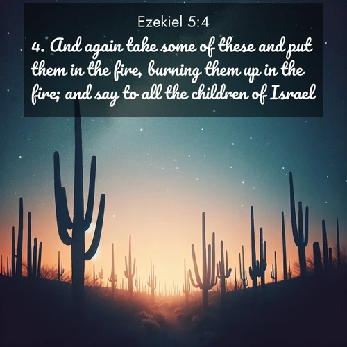 BBE Ezekiel 5:4 overlaying nature image scene: Desert stars shine brilliantly above towering saguaro silhouettes.;4. And again take some of these and put them in the fire, burning them up in the fire; and say to all the children of Israel,
