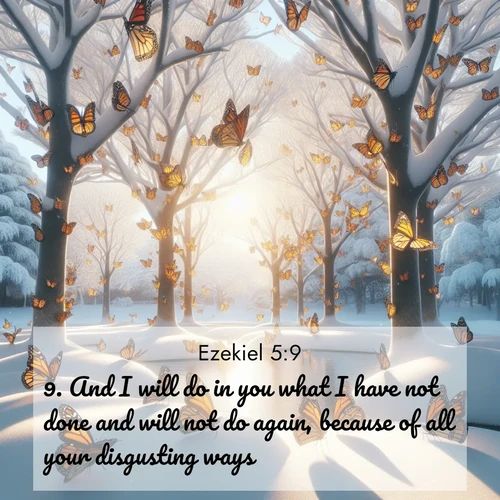 BBE Ezekiel 5:9 overlaying nature image scene: Monarch butterflies cover winter trees. Their wings catch light like stained glass.;9. And I will do in you what I have not done and will not do again, because of all your disgusting ways.
