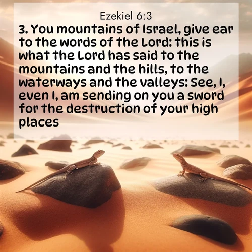 BBE Ezekiel 6:3 overlaying nature image scene: Desert lizards bask on sun-hot rocks. Heat mirages dance like water.;3. You mountains of Israel, give ear to the words of the Lord: this is what the Lord has said to the mountains and the hills, to the waterways and the valleys: See, I, even I, am sending on you a sword for the destruction of your high places.