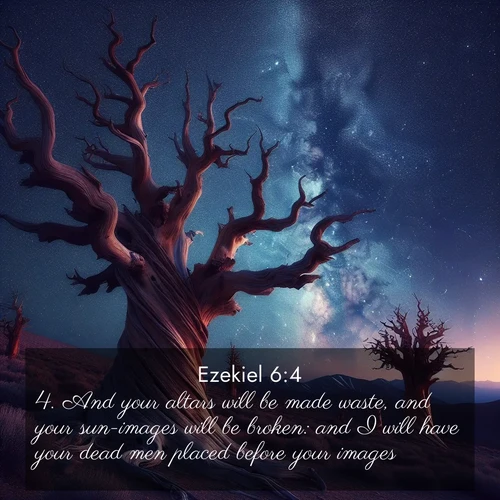 BasicEnglish Ezekiel  ; image nature: image with the bible verse :And your altars will be made waste, and your sun-images will be broken: and I will have your dead men placed before your images. ; Download Bible verse images paired with breathtaking nature photos like golden deserts, shimmering seas, and blossoming orchards. These high-quality, free images are perfect for wallpapers or sharing. Verses include KJV Ezekiel 6:4. Current verse is overlayed with the thematic nature scene : Ancient bristlecone pines twist toward stars. Time stands still in their presence. ; 6:4
