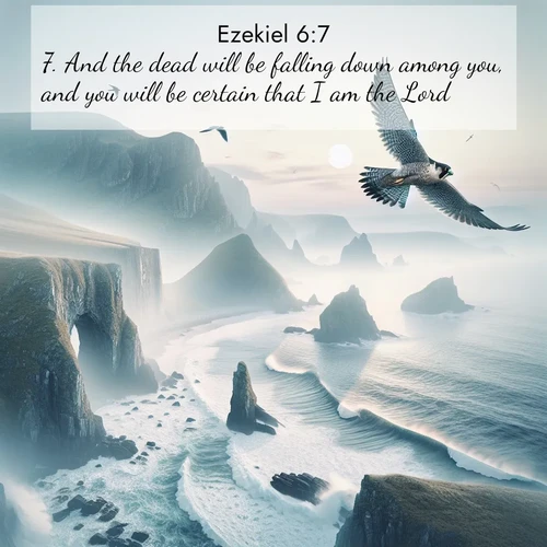 BBE Ezekiel 6:7 overlaying nature image scene: A peregrine falcon rides thermal currents above coastal cliffs. Waves crash endlessly against the rocks below.;7. And the dead will be falling down among you, and you will be certain that I am the Lord.