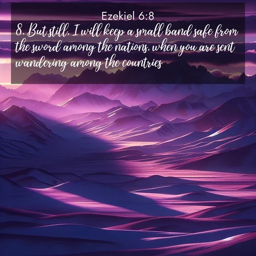 BBE Ezekiel 6:8 overlaying nature image scene: Morning light ignites mountain snow. Valleys sleep in purple shadow.;8. But still, I will keep a small band safe from the sword among the nations, when you are sent wandering among the countries.