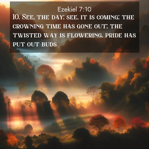 BasicEnglish Ezekiel  ; image nature: image with the bible verse :See, the day; see, it is coming: the crowning time has gone out; the twisted way is flowering, pride has put out buds. ; Discover Bible images capturing the splendor of deserts, with golden dunes, vast skies, and peaceful oases. These landscapes highlight the grandeur and serenity of God&#039;s creation. Share verses like KJV Ezekiel 7:10. Current verse is overlayed with the thematic nature scene : Autumn mist rises from warming morning valleys. ; 7:10