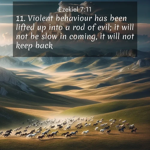 BasicEnglish Ezekiel  ; image nature: image with the bible verse :Violent behaviour has been lifted up into a rod of evil; it will not be slow in coming, it will not keep back. ; Discover Bible images illustrated by desert landscapes, like sand dunes, majestic rocks, and starry skies. These images symbolize the grandeur and immensity of God&#039;s creation. Download verses like KJV Ezekiel 7:11. Current verse is overlayed with the thematic nature scene : Wild horses gallop across a high mountain plateau. Storm clouds gather ominously on the horizon. ; 7:11