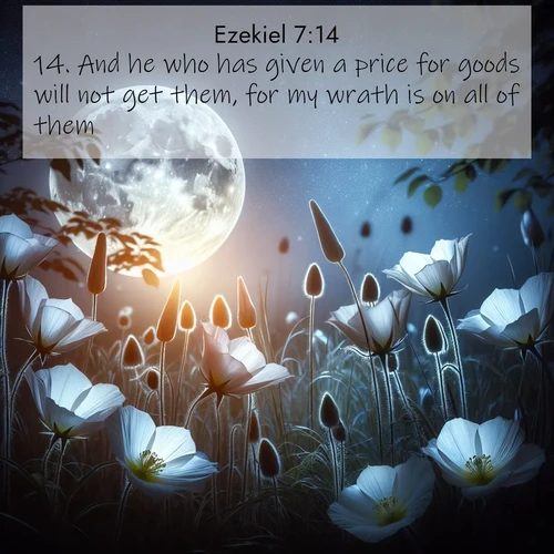 BasicEnglish Ezekiel  ; image nature: image with the bible verse :And he who has given a price for goods will not get them, for my wrath is on all of them. ; Explore a collection of Bible verses paired with springtime scenes, featuring blooming flowers, lush meadows, and trees in full bloom. These images symbolize divine renewal and hope. Download inspiring verses like KJV Ezekiel 7:14. Current verse is overlayed with the thematic nature scene : Moonflowers open to the rising full moon. Night insects hum in harmony. ; 7:14
