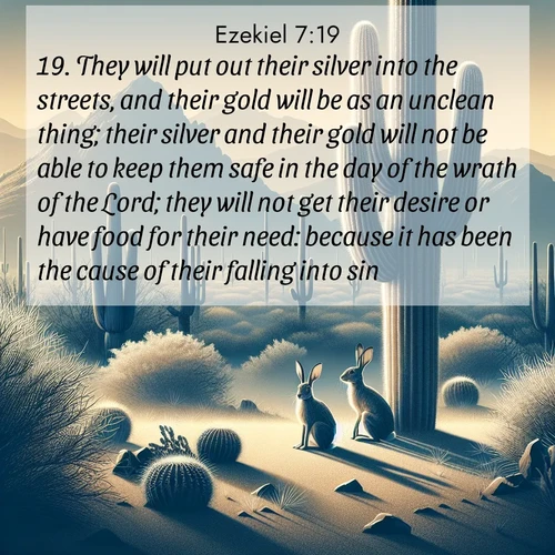 BasicEnglish Ezekiel  ; image nature: image with the bible verse :They will put out their silver into the streets, and their gold will be as an unclean thing; their silver and their gold will not be able to keep them safe in the day of the wrath of the Lord; they will not get their desire or have food for their need: because it has been the cause of their falling into sin. ; Explore Bible verse images beautifully illustrated with spring scenes, such as blooming meadows, trees in full bloom, and tranquil streams. These landscapes convey divine hope and vitality. Download and share verses like KJV Ezekiel 7:19. Current verse is overlayed with the thematic nature scene : Desert jackrabbits pause in saguaro shade. Heat waves distort distant peaks. ; 7:19