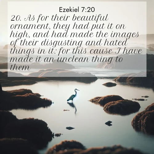 BasicEnglish Ezekiel  ; image nature: image with the bible verse :As for their beautiful ornament, they had put it on high, and had made the images of their disgusting and hated things in it: for this cause I have made it an unclean thing to them. ; Explore a collection of Bible verses paired with springtime scenes, featuring blooming flowers, lush meadows, and trees in full bloom. These images symbolize divine renewal and hope. Download inspiring verses like KJV Ezekiel 7:20. Current verse is overlayed with the thematic nature scene : A great blue heron fishes in tidal pools. Waves crash on distant reefs. ; 7:20