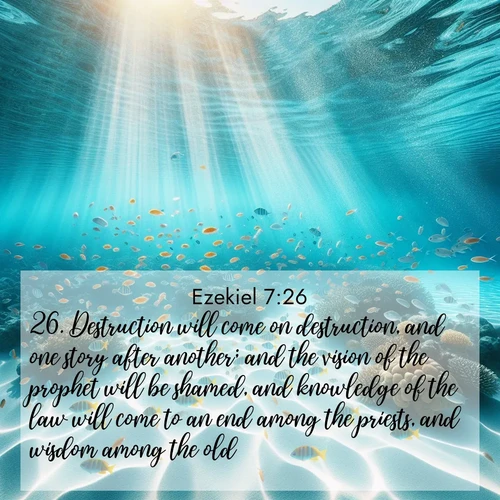 BasicEnglish Ezekiel  ; image nature: image with the bible verse :Destruction will come on destruction, and one story after another; and the vision of the prophet will be shamed, and knowledge of the law will come to an end among the priests, and wisdom among the old. ; Discover breathtaking Bible verse images combined with vibrant landscapes like rolling hills, blooming gardens, and starry nights. Use them as wallpapers or to inspire others. Download verses like KJV Ezekiel 7:26. Current verse is overlayed with the thematic nature scene : Reef fish swirl in perfect formation through crystal waters. Sunlight creates shifting patterns on white sand below. ; 7:26
