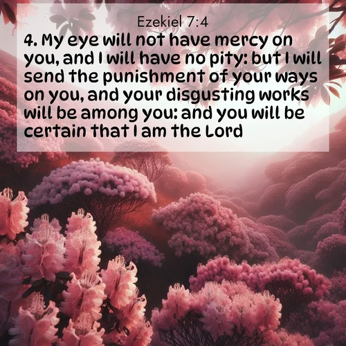 BasicEnglish Ezekiel  ; image nature: image with the bible verse :My eye will not have mercy on you, and I will have no pity: but I will send the punishment of your ways on you, and your disgusting works will be among you: and you will be certain that I am the Lord. ; Admire our autumnal collection of Bible verse images accompanied by photos of paths lined with red and yellow leaves, fiery forests, and calm rivers. These images inspire reflection and serenity. Share verses like KJV Ezekiel 7:4. Current verse is overlayed with the thematic nature scene : Mountain laurel blooms paint hillsides pink. Spring breezes carry their honey scent. ; 7:4