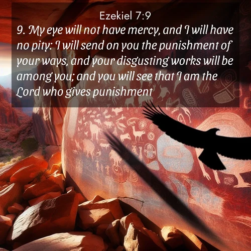 BasicEnglish Ezekiel  ; image nature: image with the bible verse :My eye will not have mercy, and I will have no pity: I will send on you the punishment of your ways, and your disgusting works will be among you; and you will see that I am the Lord who gives punishment. ; Browse high-resolution Bible verse images featuring stunning nature photography, such as radiant sunsets, tranquil rivers, and blooming fields. Perfect for wallpapers or sharing on social media. Download KJV Ezekiel 7:9. Current verse is overlayed with the thematic nature scene : Ancient petroglyphs weather on red canyon walls. A circling hawk&#039;s shadow passes over the timeless art. ; 7:9