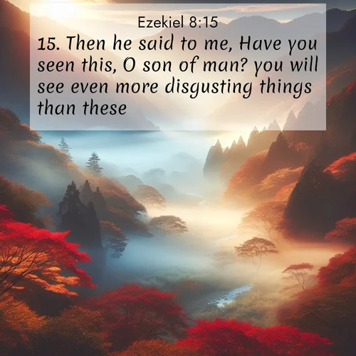 BasicEnglish Ezekiel  ; image nature: image with the bible verse :Then he said to me, Have you seen this, O son of man? you will see even more disgusting things than these. ; Dive into a gallery of Bible verses illustrated by tropical beach scenes, featuring sparkling waves, seashells, and radiant sunrises. These images evoke divine peace and joy. Download and share inspiring verses like KJV Ezekiel 8:15. Current verse is overlayed with the thematic nature scene : Autumn mist rises from a valley dotted with red and gold maples. ; 8:15