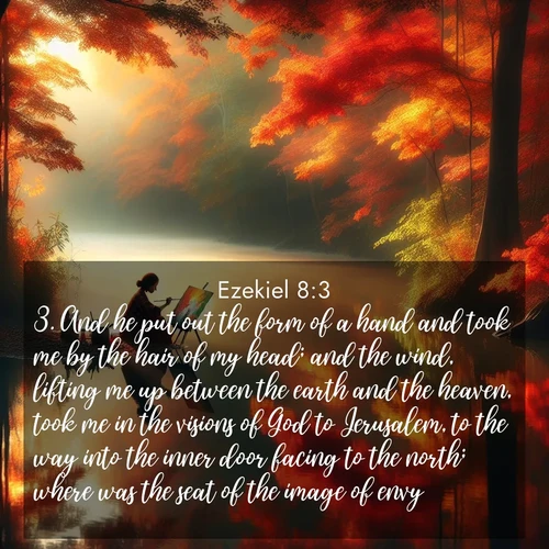 BasicEnglish Ezekiel  ; image nature: image with the bible verse :And he put out the form of a hand and took me by the hair of my head; and the wind, lifting me up between the earth and the heaven, took me in the visions of God to Jerusalem, to the way into the inner door facing to the north; where was the seat of the image of envy. ; Download Bible verse images featuring vibrant photos of nature, from snowy landscapes to golden deserts. These free images are perfect for phone wallpapers, desktop backgrounds, or sharing. Verses include KJV Ezekiel 8:3. Current verse is overlayed with the thematic nature scene : An artist paints beside still waters. Autumn colors double in reflection. ; 8:3