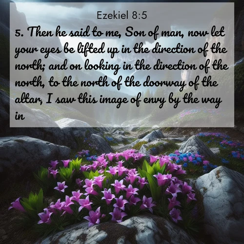 BasicEnglish Ezekiel  ; image nature: image with the bible verse :Then he said to me, Son of man, now let your eyes be lifted up in the direction of the north; and on looking in the direction of the north, to the north of the doorway of the altar, I saw this image of envy by the way in. ; Admire our free collection of Bible verse images with beautiful landscapes like sunlit forests, rippling waters, and radiant dawns. Each verse, such as KJV Ezekiel 8:5, is ready to download and share. Current verse is overlayed with the thematic nature scene : Alpine gentians bloom in rocky crevices. Summer storms gather above treeline. ; 8:5