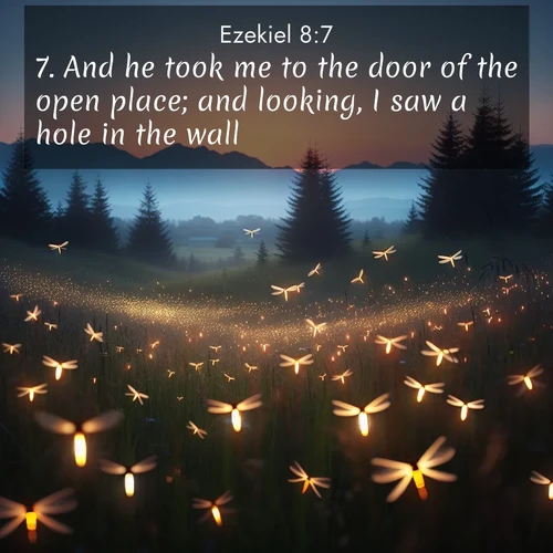BasicEnglish Ezekiel  ; image nature: image with the bible verse :And he took me to the door of the open place; and looking, I saw a hole in the wall. ; Browse our selection of stunning Bible verse images featuring unique natural scenes like fiery autumn forests, serene meadows, and starlit skies. Download and share verses like KJV Ezekiel 8:7 for free. Current verse is overlayed with the thematic nature scene : Lightning bugs rise from summer meadows at dusk. Their lights dance like earthbound stars. ; 8:7