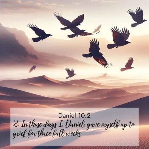 BBE Daniel 10:2 overlaying nature image scene: Desert ravens soar on thermal currents. Their wings wear shadows like cloaks.;2. In those days I, Daniel, gave myself up to grief for three full weeks.