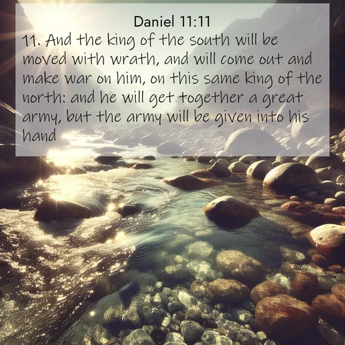 BasicEnglish Daniel  ; image nature: image with the bible verse :And the king of the south will be moved with wrath, and will come out and make war on him, on this same king of the north: and he will get together a great army, but the army will be given into his hand. ; Explore winter-themed Bible verse images illustrated by snowy mountains, frost-covered branches, and clear skies. These landscapes reflect divine purity and peace. Download verses like KJV Daniel 11:11. Current verse is overlayed with the thematic nature scene : Mountain streams sing ancient songs. Sunlight dances through clear pools. ; 11:11