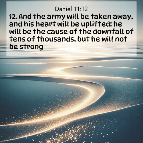 BasicEnglish Daniel  ; image nature: image with the bible verse :And the army will be taken away, and his heart will be uplifted: he will be the cause of the downfall of tens of thousands, but he will not be strong. ; Dive into our collection of Bible verse images combined with sublime nature photos, such as graceful waterfalls, radiant sunsets, and endless meadows. These compositions highlight the peace and harmony of God&#039;s creation with vivid colors and carefully integrated text. Download and share verses like KJV Daniel 11:12. Current verse is overlayed with the thematic nature scene : Summer heat waves ripple above salt flats stretching to the horizon. ; 11:12