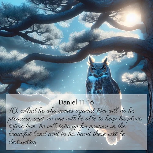 BasicEnglish Daniel  ; image nature: image with the bible verse :And he who comes against him will do his pleasure, and no one will be able to keep his place before him: he will take up his position in the beautiful land and in his hand there will be destruction. ; Explore a gallery of beautiful Bible verse images with tranquil natural settings—perfect for phone backgrounds or inspirational posts. Download your favorite verses like KJV Daniel 11:16 today. Current verse is overlayed with the thematic nature scene : A great horned owl watches from ancient pine branches. Moonlight silvers its silent wings. ; 11:16