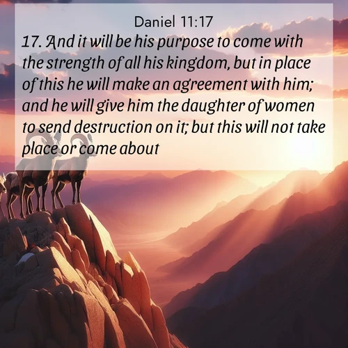 BasicEnglish Daniel  ; image nature: image with the bible verse :And it will be his purpose to come with the strength of all his kingdom, but in place of this he will make an agreement with him; and he will give him the daughter of women to send destruction on it; but this will not take place or come about. ; Explore our gallery of inspiring Bible verse images showcasing divine beauty through nature. Download scenic images like snowy peaks, lush meadows, or radiant sunsets paired with verses like KJV Daniel 11:17. Current verse is overlayed with the thematic nature scene : Desert bighorns pause on a knife-edge ridge. Sunset paints their horns in gold. ; 11:17
