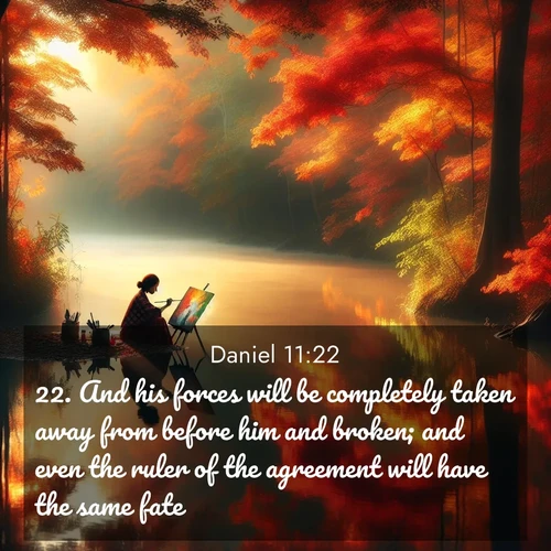 BasicEnglish Daniel  ; image nature: image with the bible verse :And his forces will be completely taken away from before him and broken; and even the ruler of the agreement will have the same fate. ; Dive into our collection of Bible verses paired with coastal scenes, featuring calming waves, infinite beaches, and reflections of the sun on the water. These images evoke the peace and beauty of God. Share verses like KJV Daniel 11:22. Current verse is overlayed with the thematic nature scene : An artist paints beside still waters. Autumn colors double in reflection. ; 11:22