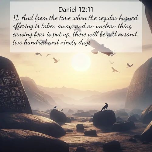 BasicEnglish Daniel  ; image nature: image with the bible verse :And from the time when the regular burned offering is taken away, and an unclean thing causing fear is put up, there will be a thousand, two hundred and ninety days. ; Admire Bible images evoking autumn, with warm colors of fallen leaves, harvested fields, and tranquil woods. These inspiring landscapes reflect the transition and beauty of God&#039;s creation. Download verses like KJV Daniel 12:11. Current verse is overlayed with the thematic nature scene : Desert petroglyphs tell ancient stories. Ravens soar past wearing shadows for wings. ; 12:11