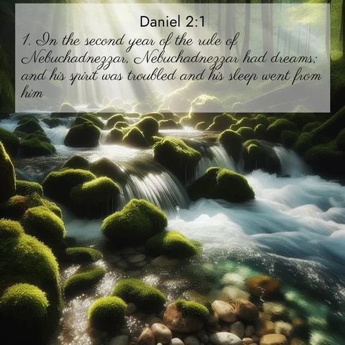 BasicEnglish Daniel  ; image nature: image with the bible verse :In the second year of the rule of Nebuchadnezzar, Nebuchadnezzar had dreams; and his spirit was troubled and his sleep went from him. ; Explore a collection of Bible verses paired with springtime scenes, featuring blooming flowers, lush meadows, and trees in full bloom. These images symbolize divine renewal and hope. Download inspiring verses like KJV Daniel 2:1. Current verse is overlayed with the thematic nature scene : A mountain stream tumbles through moss-covered stones. Sunlight dapples the crystal-clear water. ; 2:1