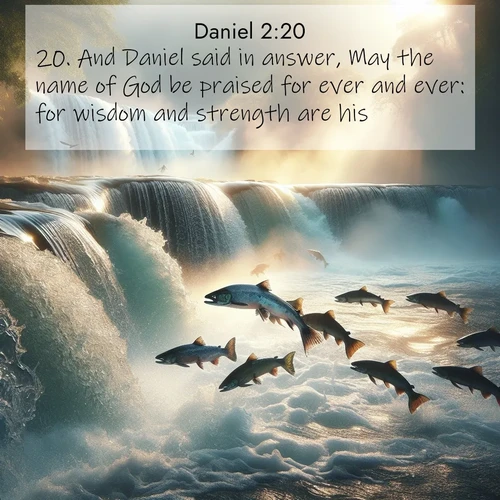 BasicEnglish Daniel  ; image nature: image with the bible verse :And Daniel said in answer, May the name of God be praised for ever and ever: for wisdom and strength are his: ; Admire our gallery of Bible verse images showcasing divine beauty in nature—whether snowy peaks or serene oceans. Each image is freely downloadable and perfect for personal or spiritual use. Share verses like KJV Daniel 2:20. Current verse is overlayed with the thematic nature scene : Wild salmon leap ancient waterfalls. Mist rises like spirits in morning light. ; 2:20