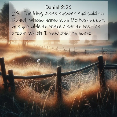 BasicEnglish Daniel  ; image nature: image with the bible verse :The king made answer and said to Daniel, whose name was Belteshazzar, Are you able to make clear to me the dream which I saw and its sense? ; Browse our library of beautiful Bible verse images, perfect for wallpapers or sharing. Each verse is paired with serene natural landscapes like misty mountains, calming beaches, and colorful sunsets. Download and enjoy verses such as KJV Daniel 2:26. Current verse is overlayed with the thematic nature scene : Morning frost coats spider webs stretched between fence posts in a country meadow. ; 2:26