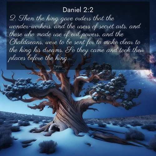 BasicEnglish Daniel  ; image nature: image with the bible verse :Then the king gave orders that the wonder-workers, and the users of secret arts, and those who made use of evil powers, and the Chaldaeans, were to be sent for to make clear to the king his dreams. So they came and took their places before the king. ; Access a vast collection of Bible verse images illustrated with natural landscapes like calm rivers, blooming fields, and bright horizons. These images emphasize the serenity and splendor of God&#039;s creation, accompanied by aesthetic fonts and joyful colors. Download verses like KJV Daniel 2:2 and share them. Current verse is overlayed with the thematic nature scene : Ancient bristlecone pine twists against a navy twilight sky, its gnarled branches laden with fresh snow. The Milky Way arcs overhead in crystalline clarity. ; 2:2