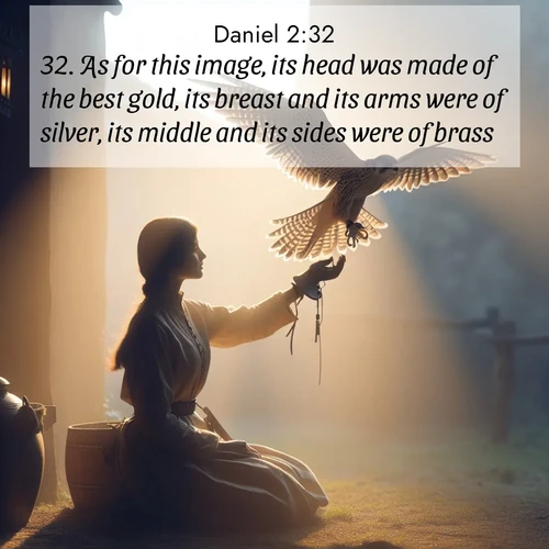 BasicEnglish Daniel  ; image nature: image with the bible verse :As for this image, its head was made of the best gold, its breast and its arms were of silver, its middle and its sides were of brass, ; Explore winter-themed Bible verse images illustrated by snowy mountains, frost-covered branches, and clear skies. These landscapes reflect divine purity and peace. Download verses like KJV Daniel 2:32. Current verse is overlayed with the thematic nature scene : A falconer releases his bird. Wind lifts magnificent wings. ; 2:32