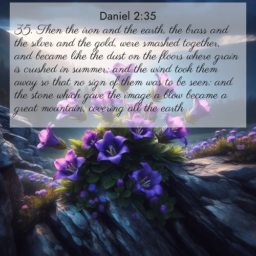 BasicEnglish Daniel  ; image nature: image with the bible verse :Then the iron and the earth, the brass and the silver and the gold, were smashed together, and became like the dust on the floors where grain is crushed in summer; and the wind took them away so that no sign of them was to be seen: and the stone which gave the image a blow became a great mountain, covering all the earth. ; Browse a vast collection of Bible verse images featuring awe-inspiring landscapes such as calm lakes, vibrant sunsets, and peaceful fields. Download them for free and enjoy verses like KJV Daniel 2:35. Current verse is overlayed with the thematic nature scene : Wild gentians bloom in rocky cracks. Summer storms gather above treeline. ; 2:35
